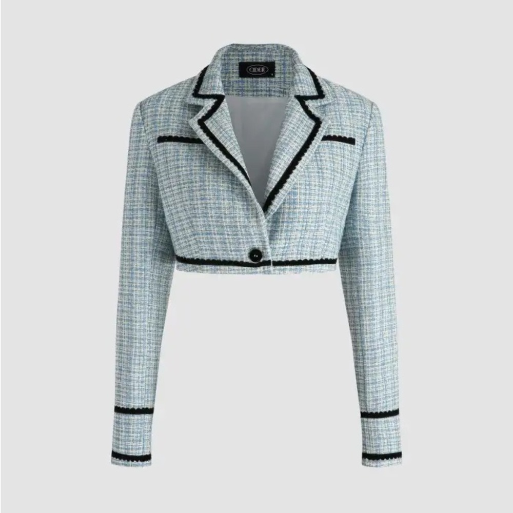 CIDER Lady Blue Pleated Mini Dress & Cropped Blazer Blue Tweed Set Black Trim S - Picture 3 of 14
